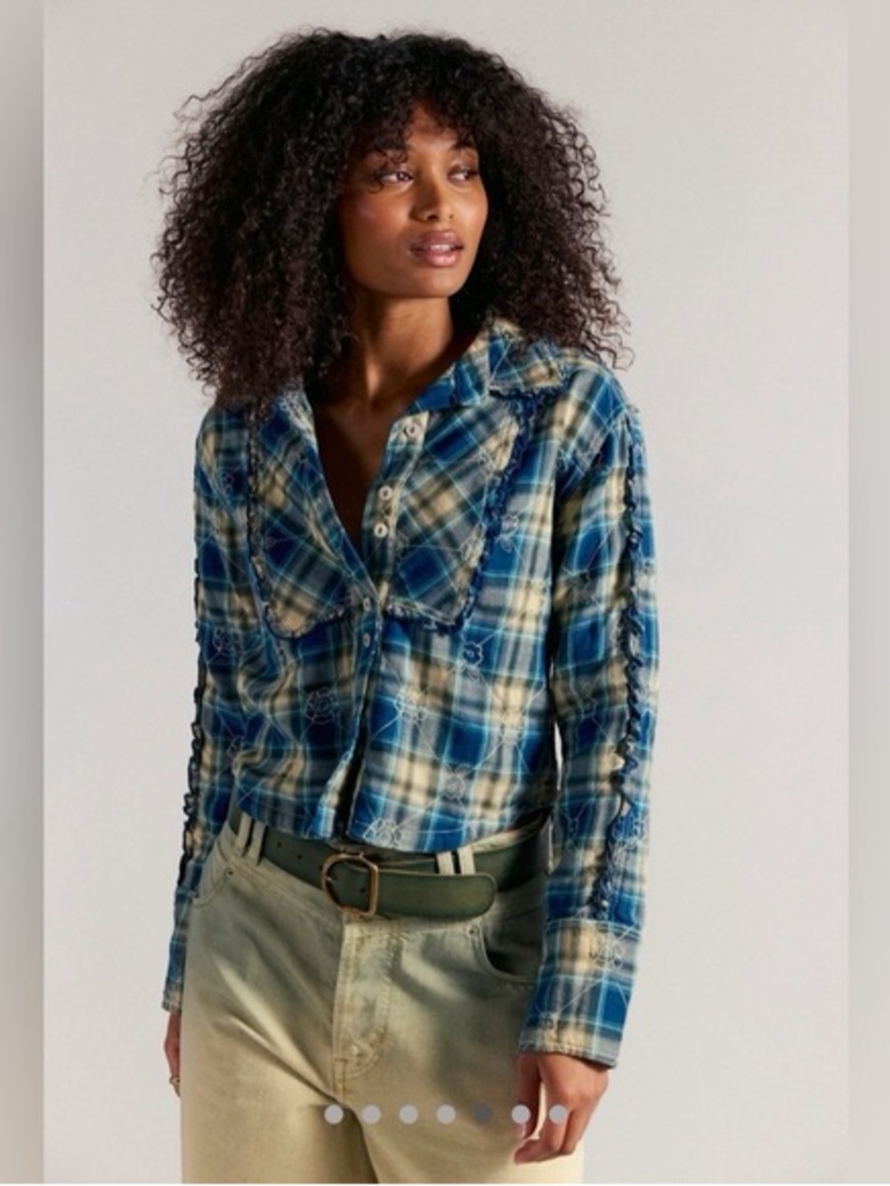 We The Free Teal and Cream Plaid Button-Up Shirt
